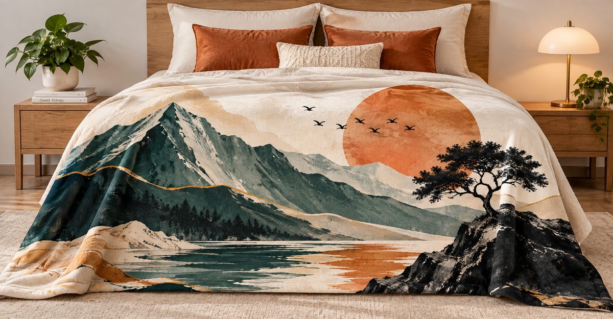 A custom printed landscape blanket styled on a bed