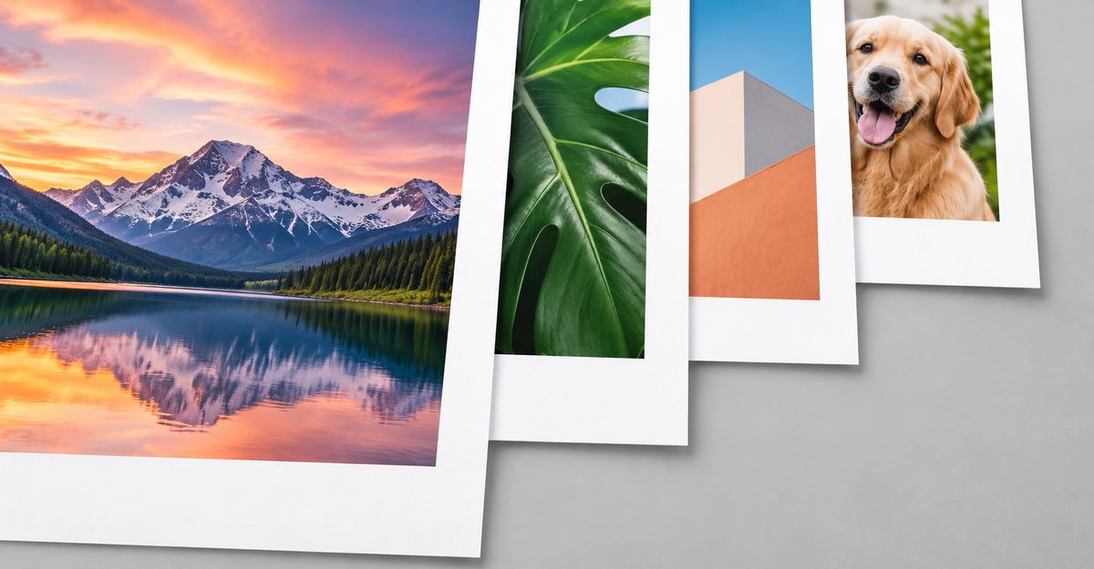 A stack of custom photo prints — a mountain lake, a leaf study, an abstract, and a pet portrait