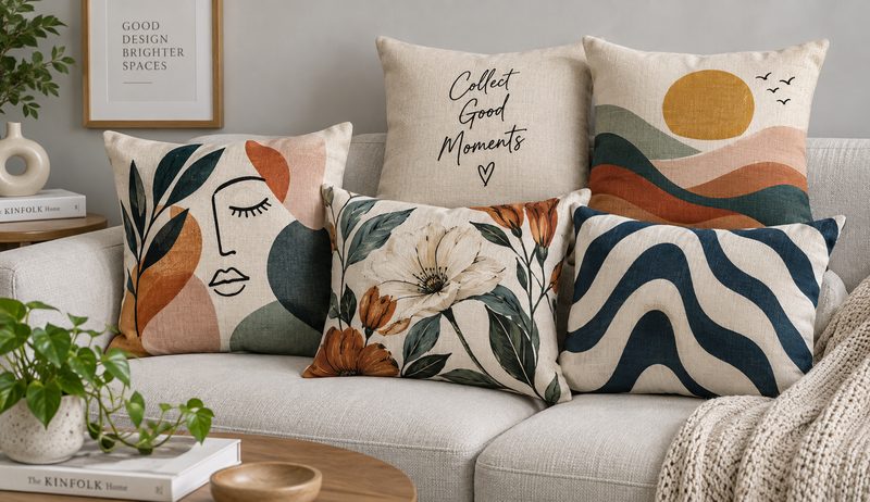 Abstract-print cushions in a linen fabric