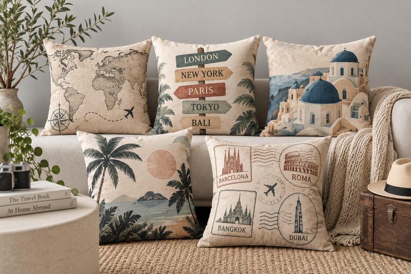 Travel-themed cushions in a faux-suede fabric